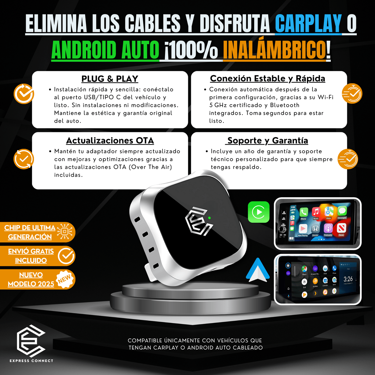 Adaptador Inalámbrico ExpressConnectCR - 🚗 Convierte tu CarPlay y Android Auto a Inalámbrico - Express Connect CR