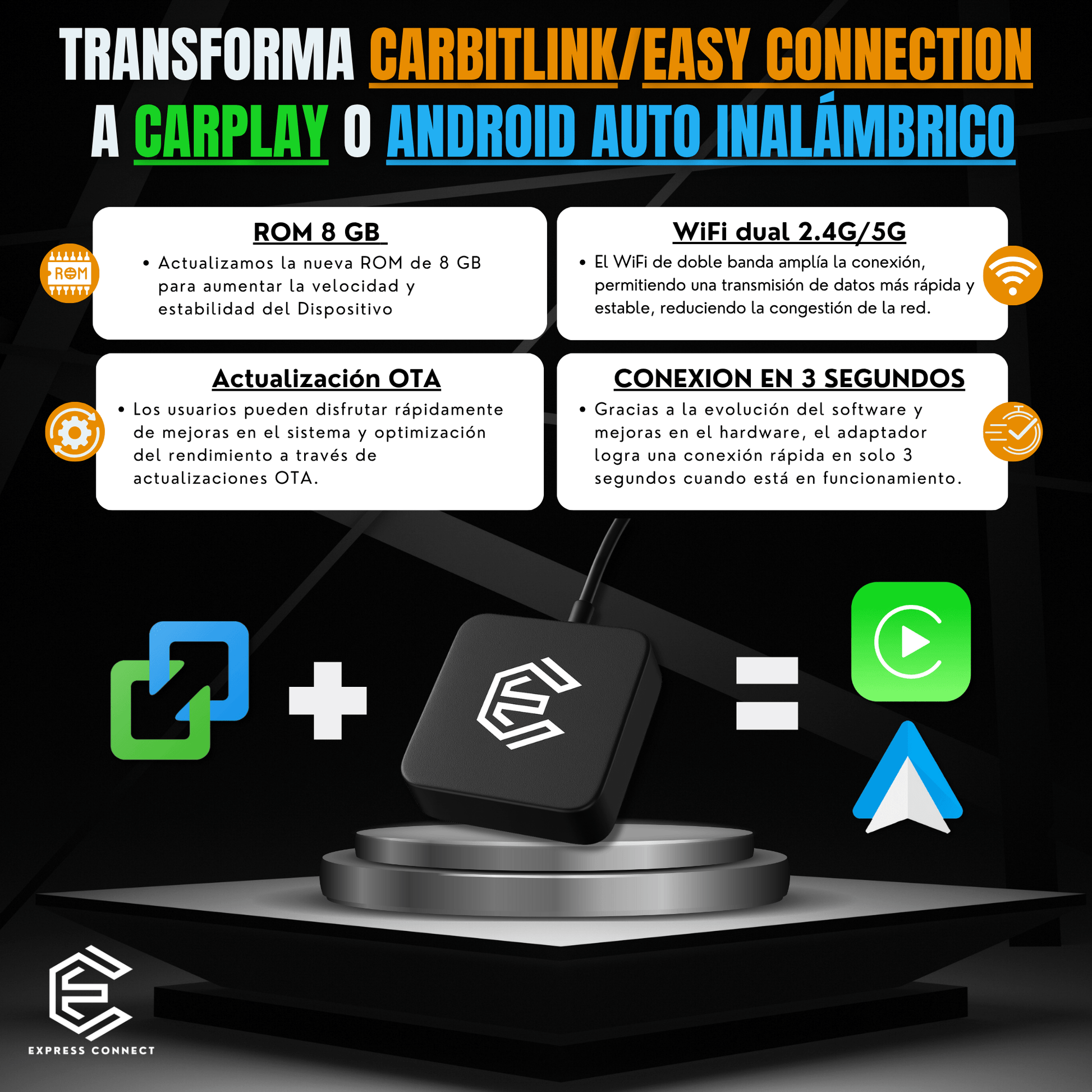 Adaptador Inalámbrico para Carbit Link/Easy Connection a CarPlay y Android Auto - Express Connect CR