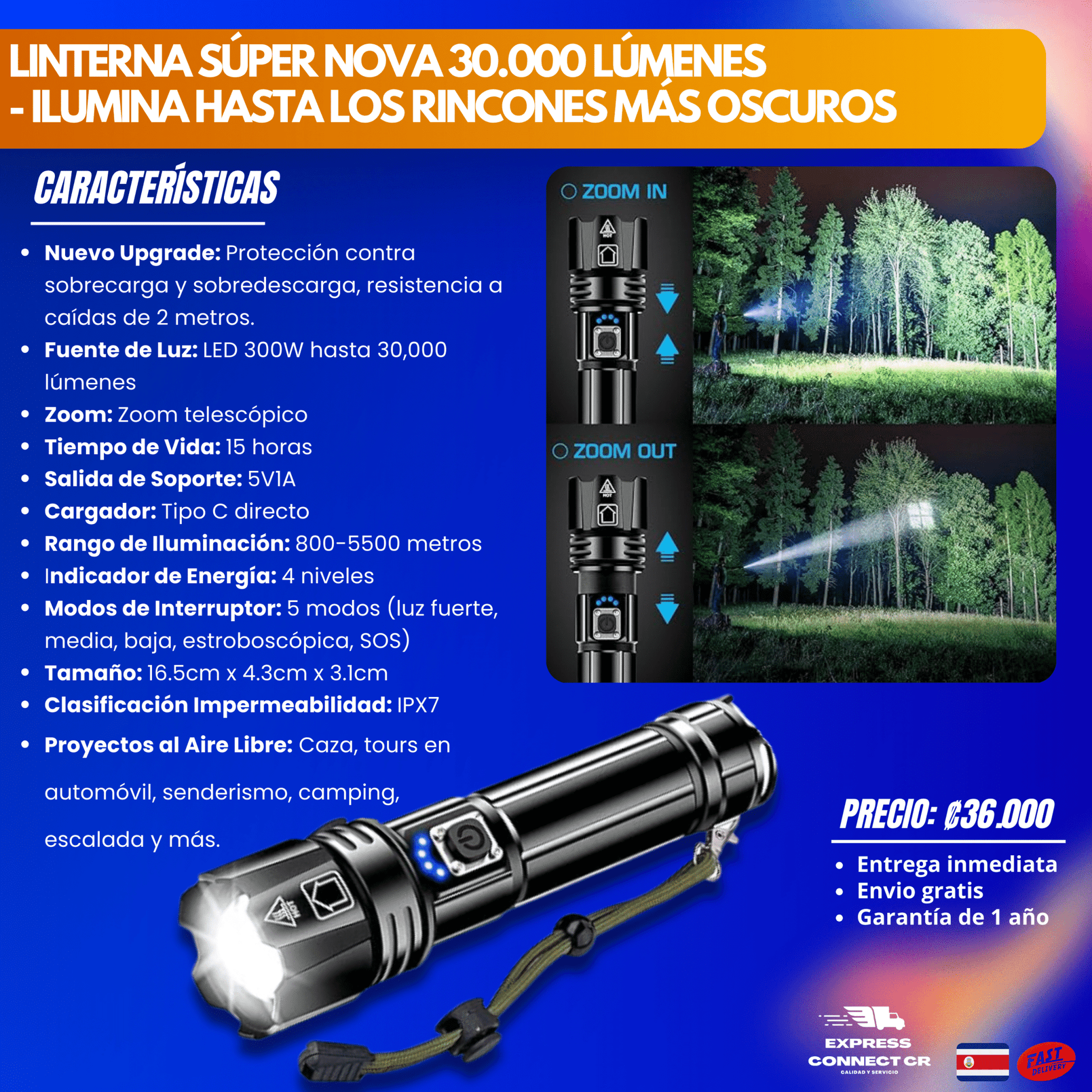 Linterna Súper Nova 30.000 lúmenes - ILUMINA hasta los rincones más oscuros - Express Connect CR