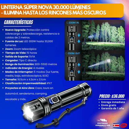 Linterna Súper Nova 30.000 lúmenes - ILUMINA hasta los rincones más oscuros - Express Connect CR