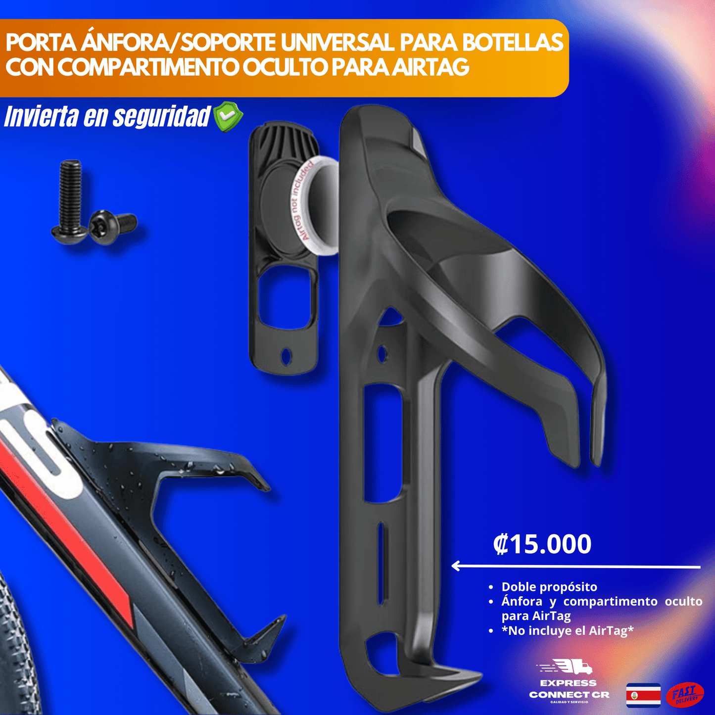 Porta ánfora/soporte universal para botellas con compartimento oculto para AirTag - Express Connect CR